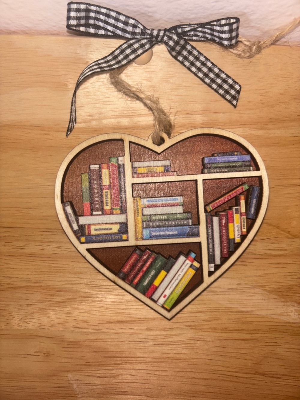 Heart-Shaped Wooden Book Shelf Ornament, Books Encased in Heart